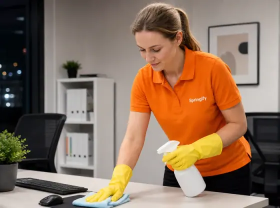 A Springify cleaner cleaning an office desk