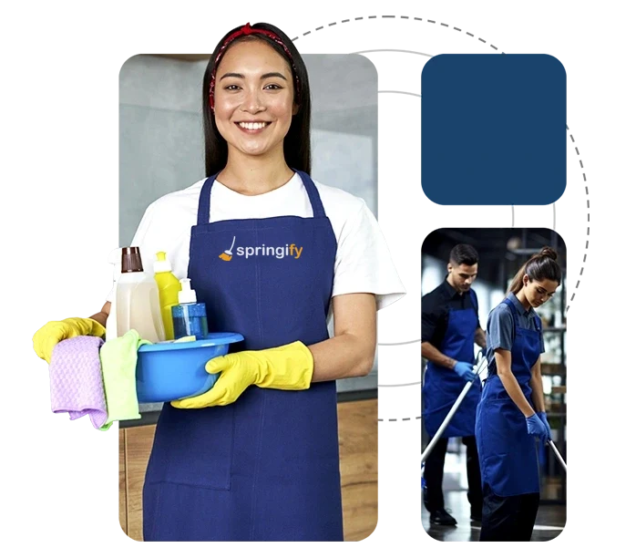 A smiling Springify cleaner holding cleaning supplies, and two cleaners mopping an office floor