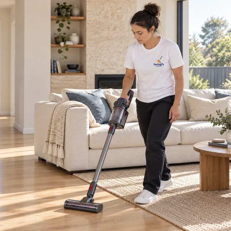 A Springify cleaner vacuuming a living room floor